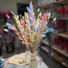 Droogbloemen boeket paars, roze en blauw