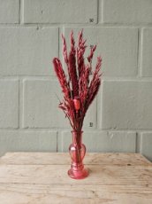 Rood glazen vaasje met droogbloemen